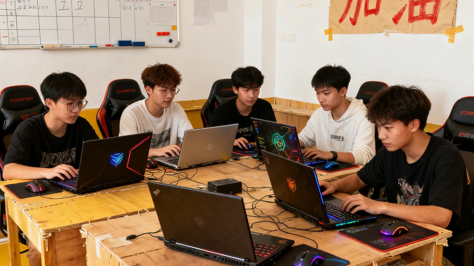 六名大学生围坐在一间由教室改造的简易训练室里，桌上摆放着自带的游戏本和外设，墙上贴着战术白板和加油标语