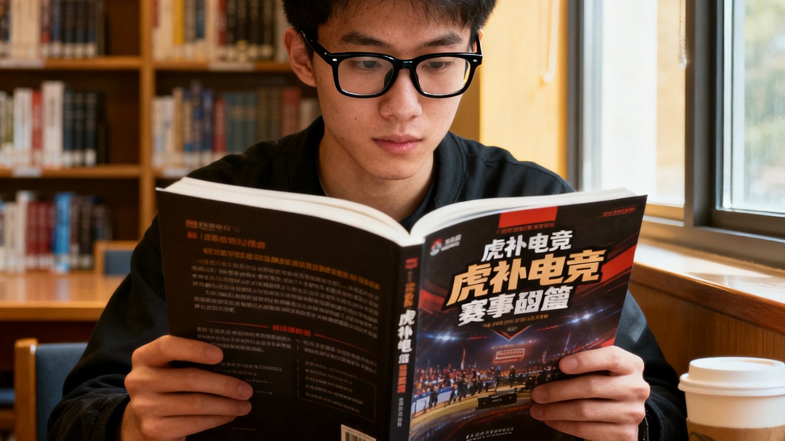 一位戴着眼镜的男大学生在图书馆翻阅虎扑电竞的赛事复盘文章，表情专注